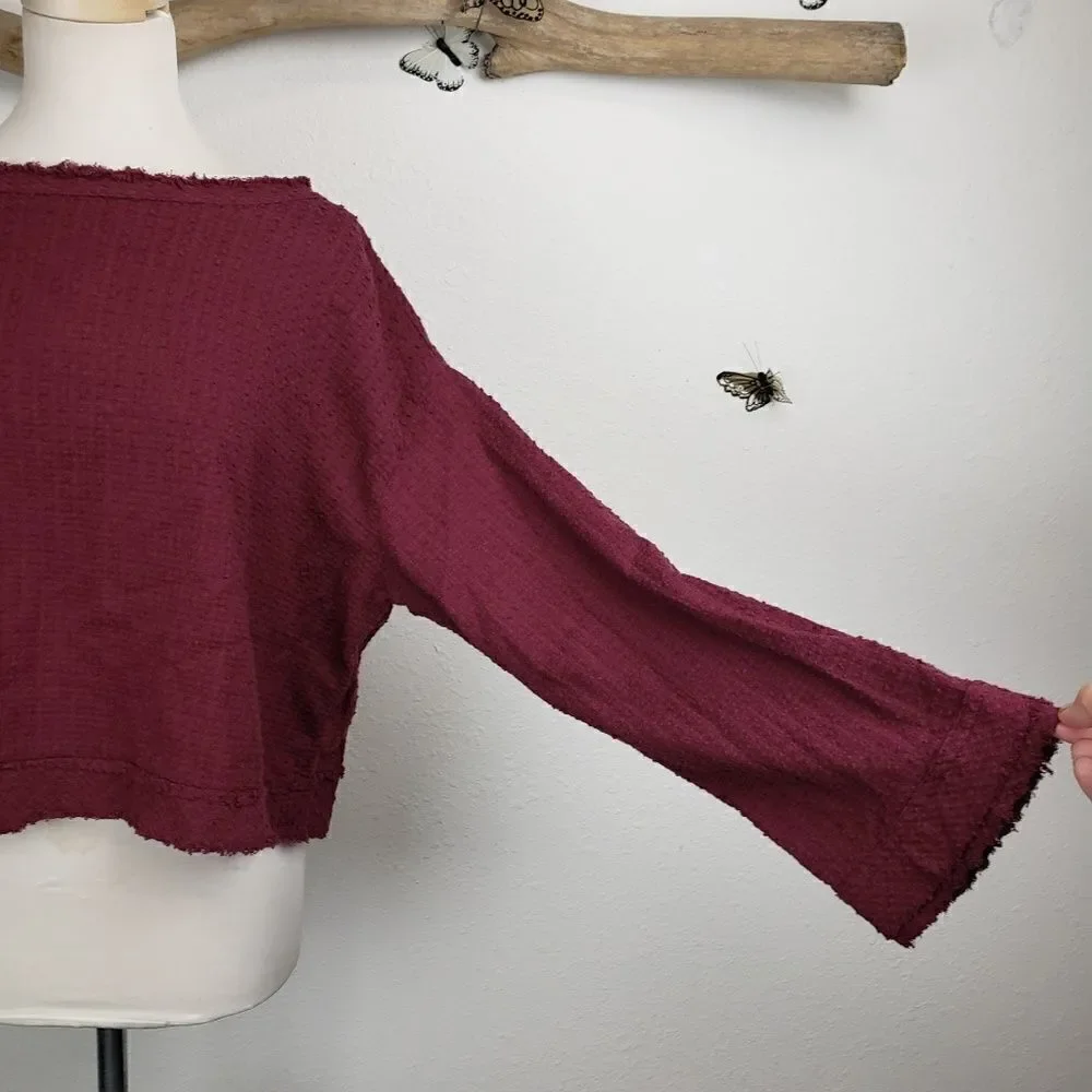 Free people frayed hem bell sleeve maroon top
